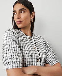Ann Taylor Gingham Tweed Puff Sleeve Jacket Size 2 White/Black Multi Women's