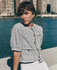 Ann Taylor Gingham Tweed Puff Sleeve Jacket Size 2 White/Black Multi Women's