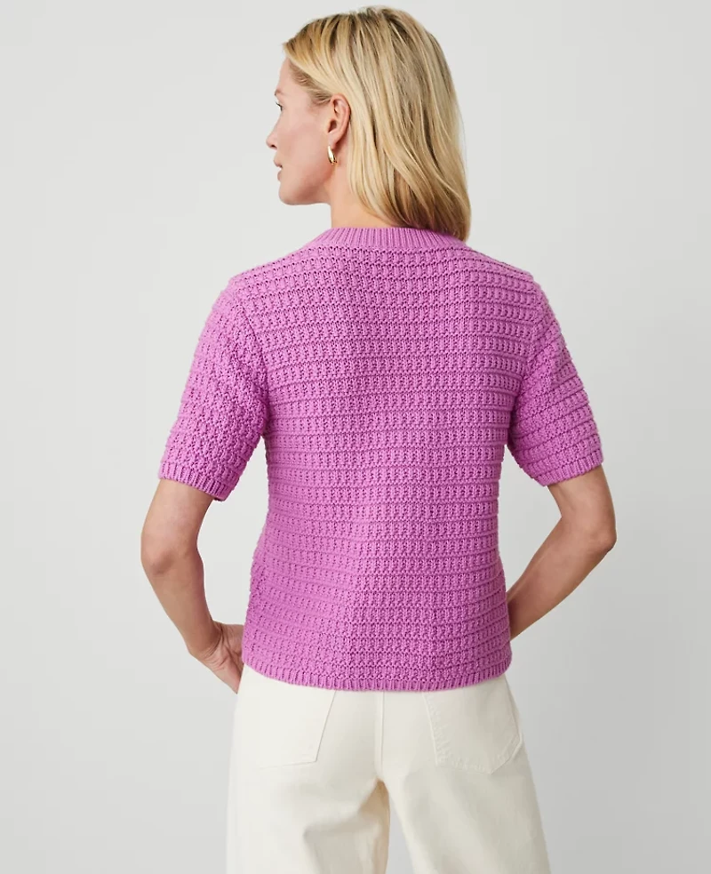 Ann Taylor Geo Stitch Short-Sleeve Cardigan Size Large Orchid Glow Women's
