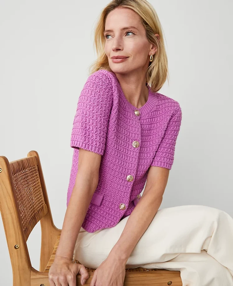 Ann Taylor Geo Stitch Short-Sleeve Cardigan Size Large Orchid Glow Women's