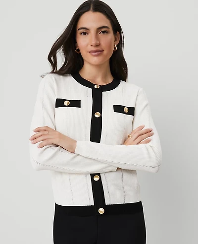 Ann Taylor Contrast Trim Cardigan White/Black Multi Women's