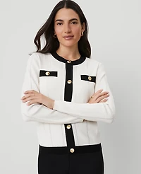 Ann Taylor Contrast Trim Cardigan White/Black Multi Women's