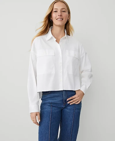 Ann Taylor Weekend Collection Oversized Cropped Pocket Shirt Size XL White Women's