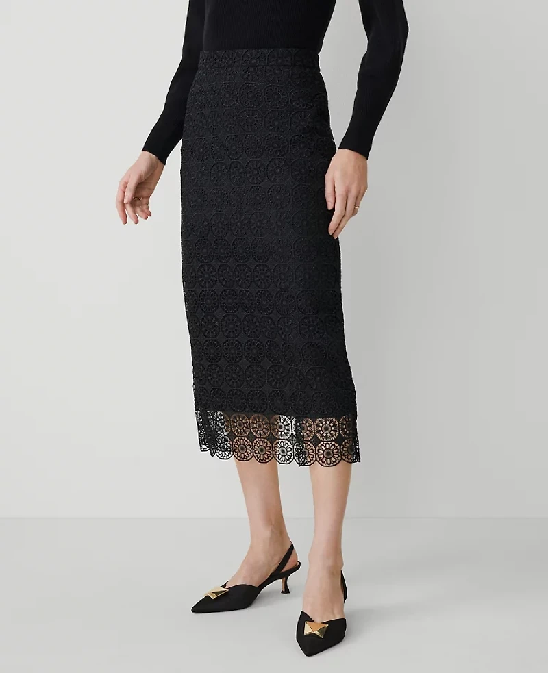 Ann Taylor Petite Lace Hem Column Midi Skirt Size 0 Black Women's