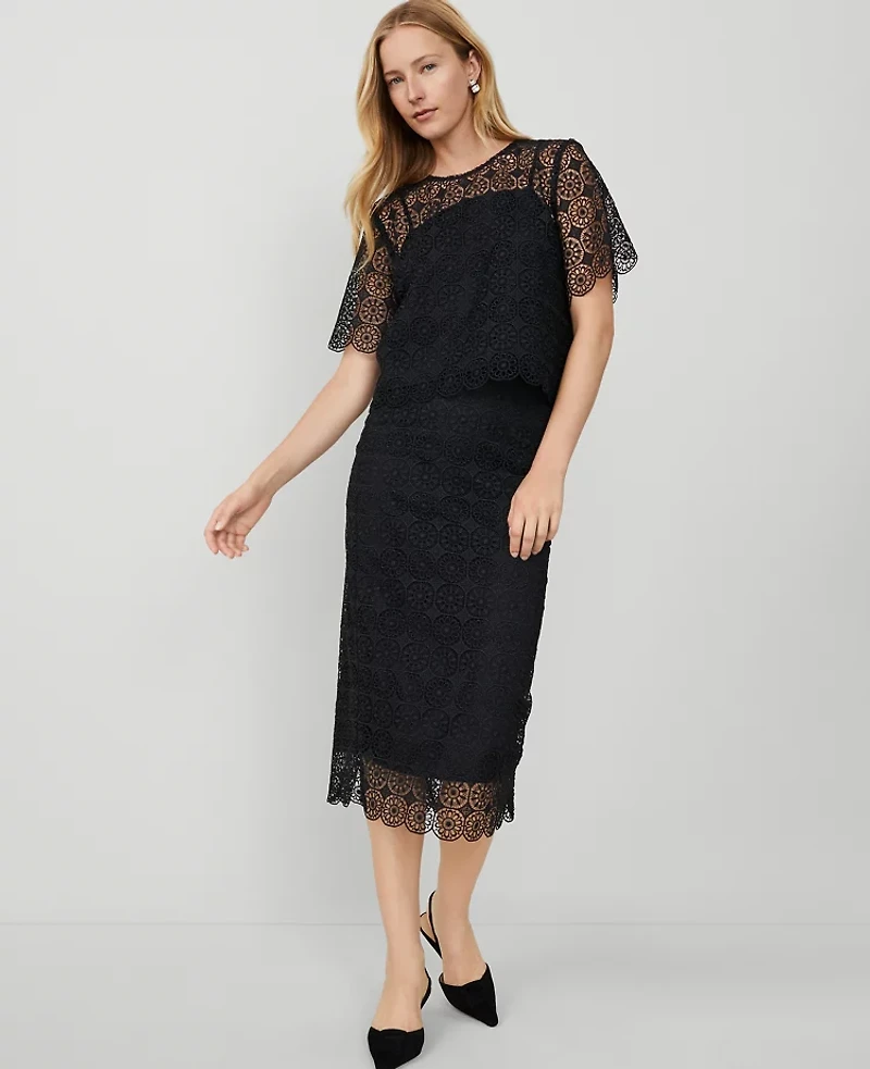 Ann Taylor Petite Lace Hem Column Midi Skirt Size 0 Black Women's