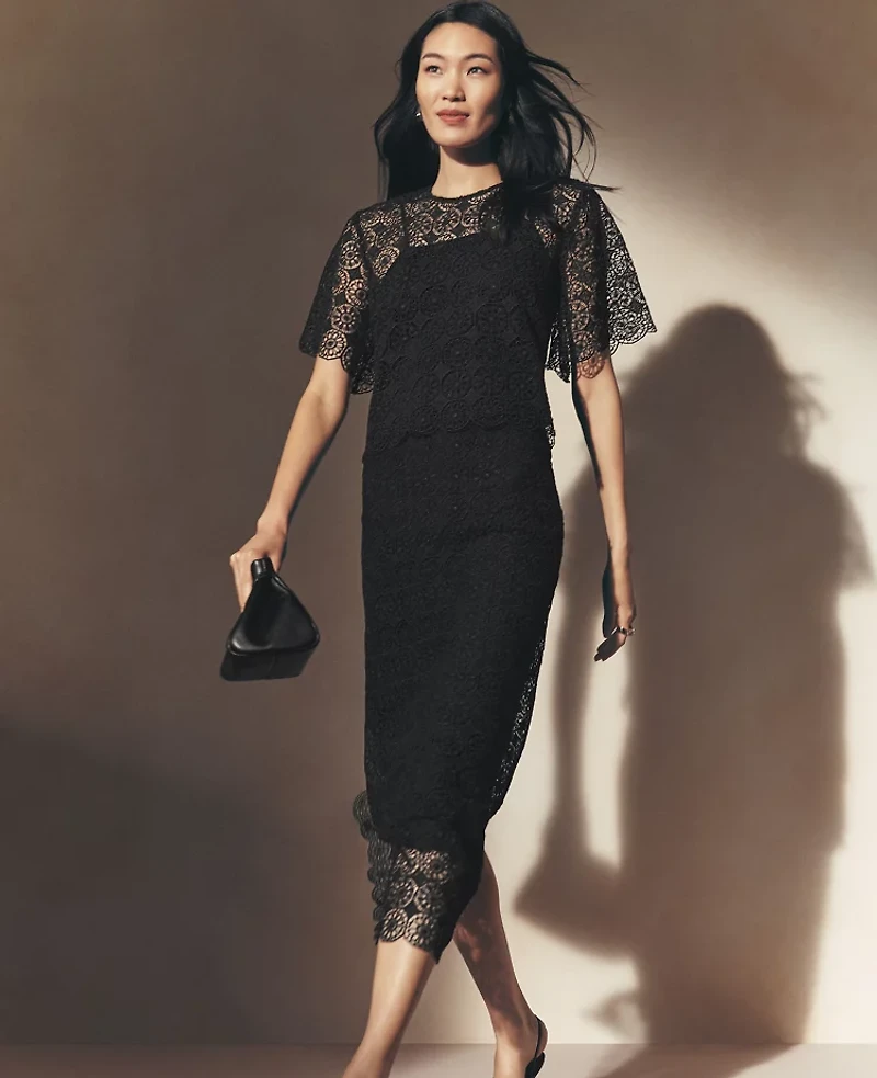 Ann Taylor Petite Lace Hem Column Midi Skirt Size 0 Black Women's
