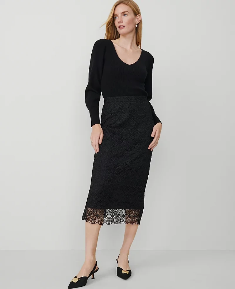 Ann Taylor Petite Lace Hem Column Midi Skirt Size 0 Black Women's