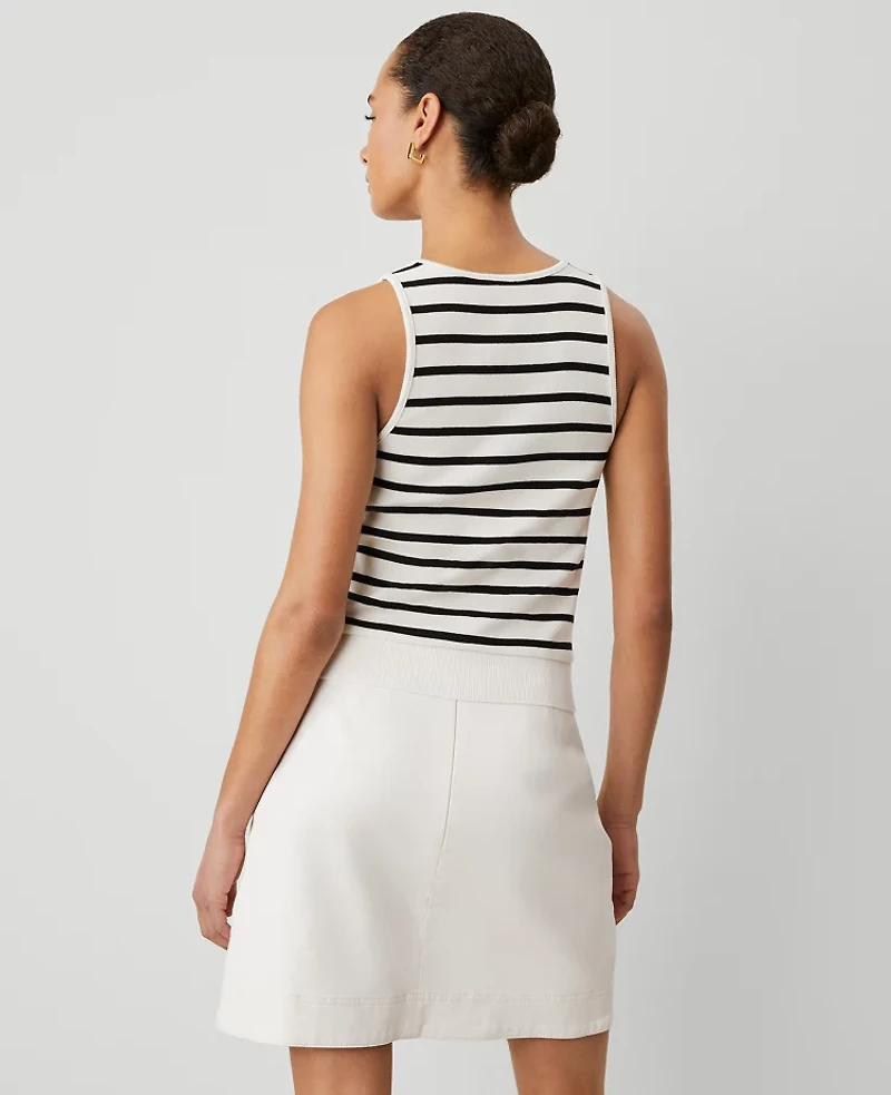 Ann Taylor Weekend Collection Striped Henley Tank Top Winter White - Black Women's