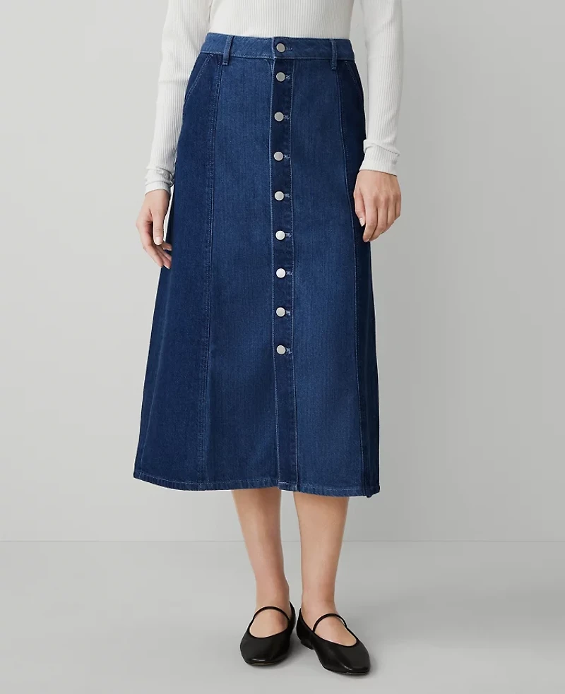 Ann Taylor Weekend Collection Colorblock Denim Midi Skirt Size 0 Vintage Two Tone Wash Women's
