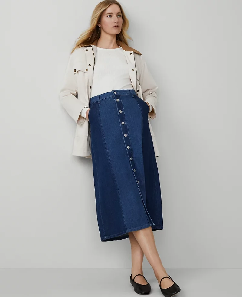Ann Taylor Weekend Collection Colorblock Denim Midi Skirt Size 0 Vintage Two Tone Wash Women's