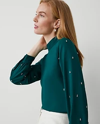 Ann Taylor Petite Embellished-Sleeve Mock-Neck Top Size 2XS Rainforest Women's