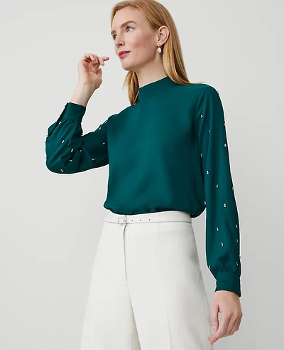 Ann Taylor Petite Embellished-Sleeve Mock-Neck Top Size 2XS Rainforest Women's