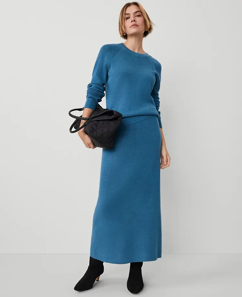 Ann Taylor Weekend Collection Ribbed Sweater Skirt Size Large Balmy Blue Women's