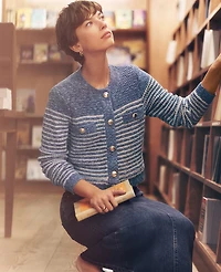 Ann Taylor Denim Striped Sweater Jacket Blue Multi Women's