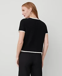 Ann Taylor Pearlized Button Short-Sleeve Cardigan Size Large Black/White Combo Women's