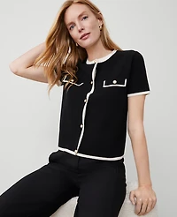 Ann Taylor Pearlized Button Short-Sleeve Cardigan Size Large Black/White Combo Women's