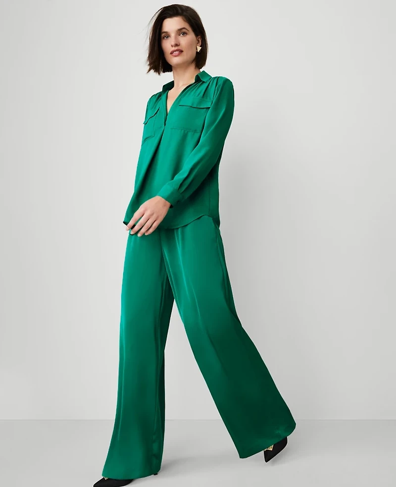 Ann Taylor The Perfect Wide-Leg Pant in Satin Size Small Festive Holly Women's