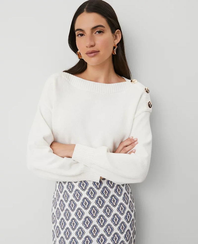 Ann Taylor Ribbed-Trim Boatneck Sweater Winter White Women's