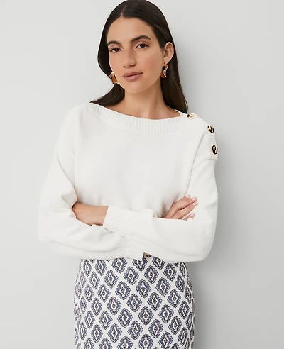 Ann Taylor Ribbed-Trim Boatneck Sweater Winter White Women's