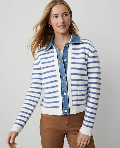 Ann Taylor Weekend Collection Striped Denim Sweater Jacket Light Blue/White Combo Women's