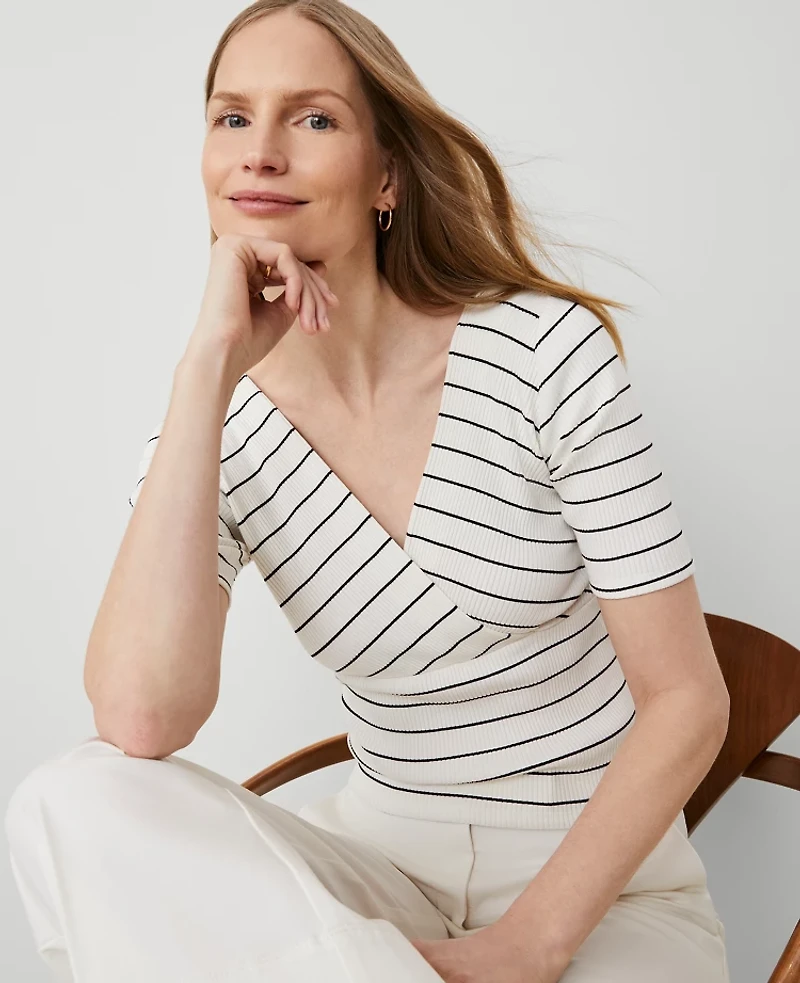 Ann Taylor Striped Crossover Neck Top Size XL Winter White-Black Women's
