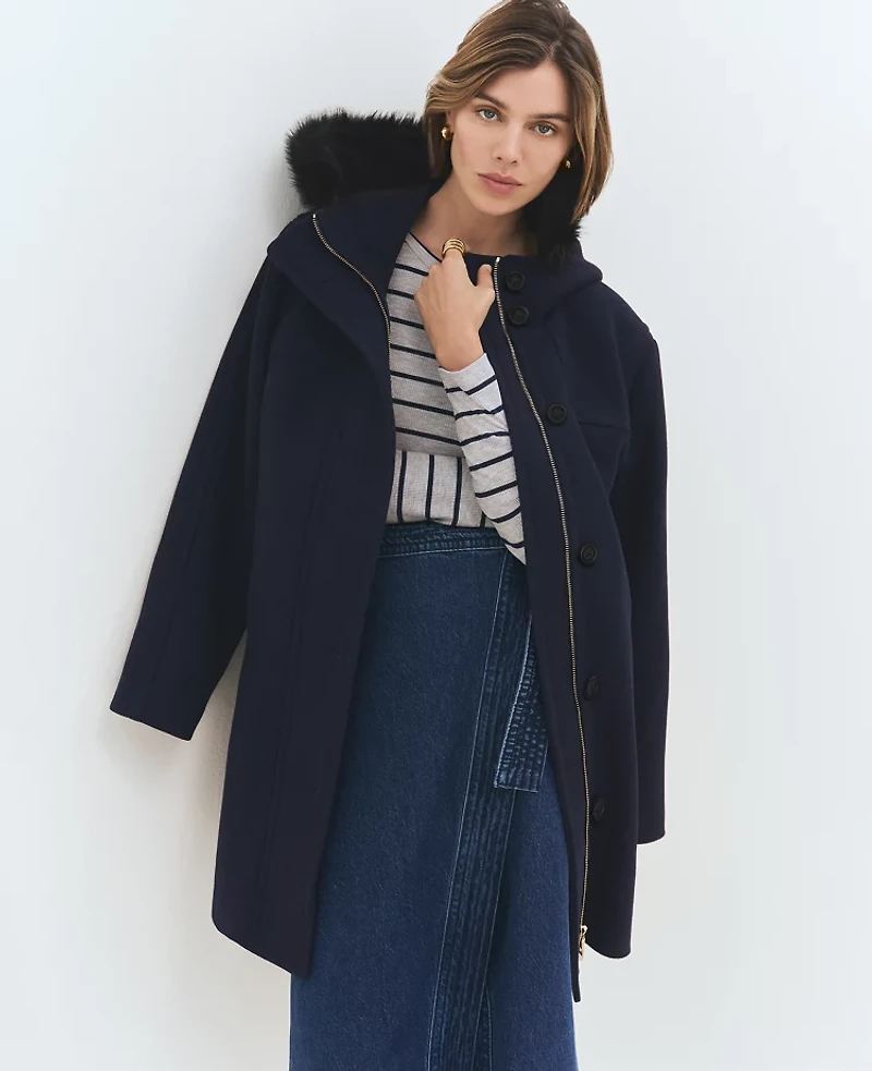 Ann Taylor Weekend Collection Faux Fur Trim Duffle Coat Night Sky Women's