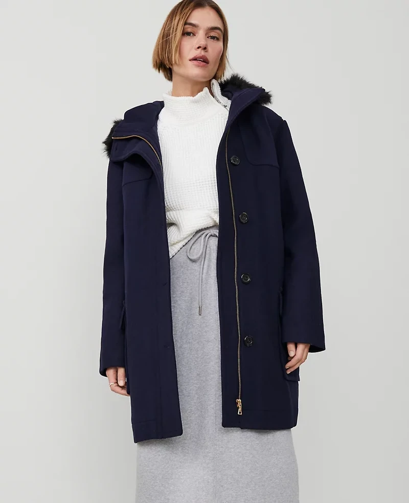 Ann Taylor Weekend Collection Faux Fur Trim Duffle Coat Night Sky Women's