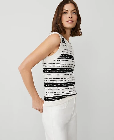 Ann Taylor Striped Tweed Sweater Shell Top White/Black Multi Women's