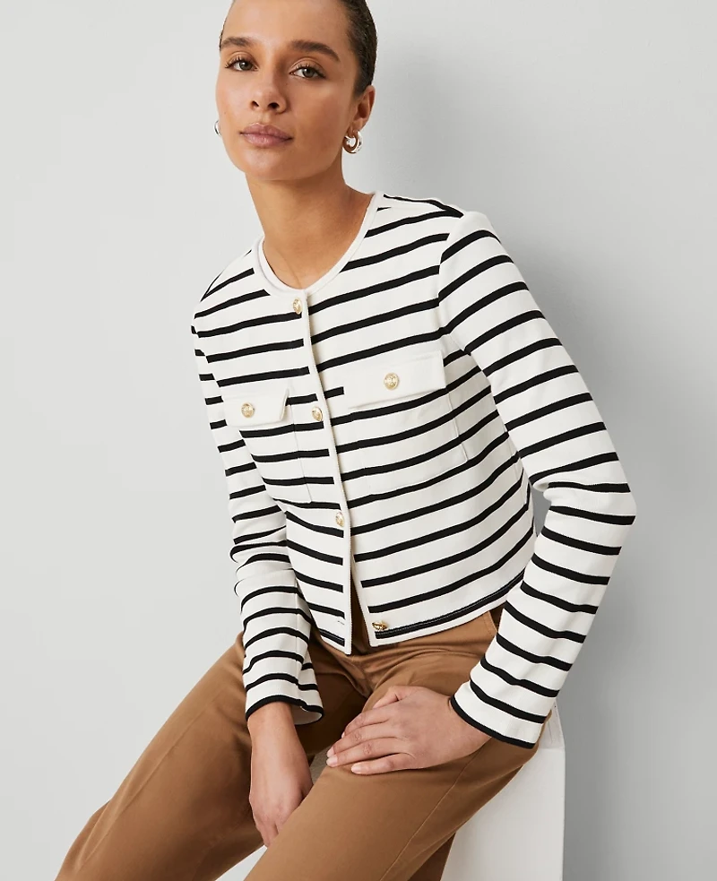 Ann Taylor Weekend Collection Striped Knit Jacket Winter White - Black Women's