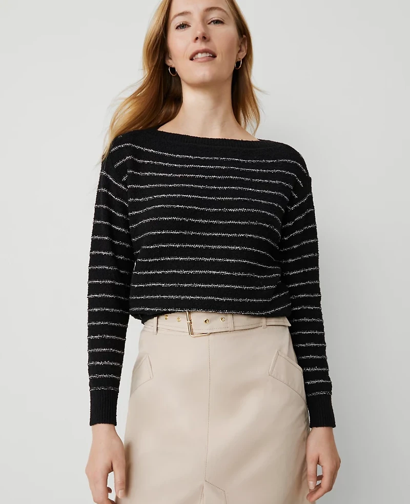 Ann Taylor Sequin Striped Wedge Sweater Black/White Multi Women's
