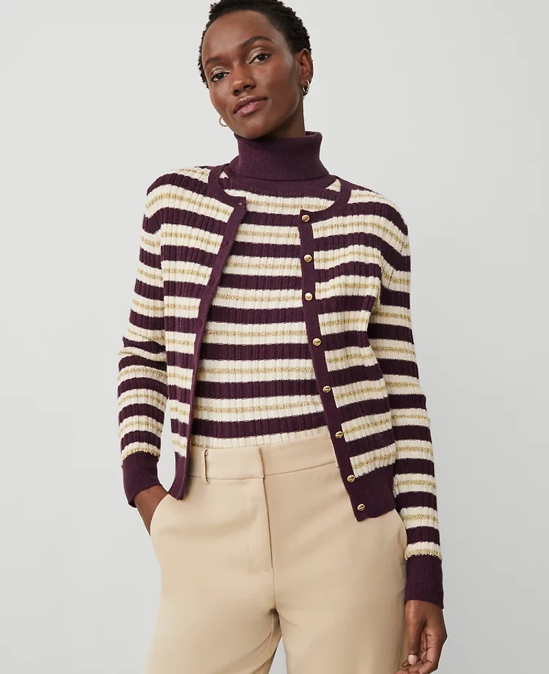 Ann Taylor Petite Textured Stripe Cardigan Neutral/White Combo Women's