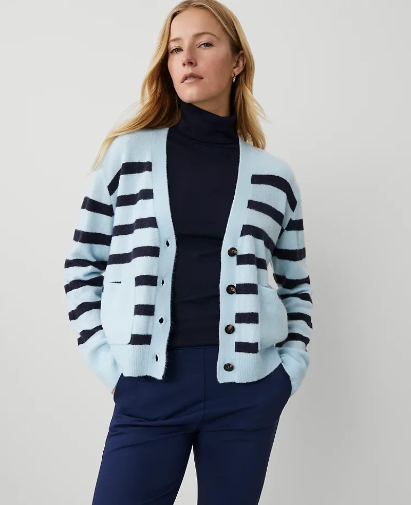 Ann Taylor Petite Weekend Collection Striped V-Neck Cardigan Light Blue Multi Women's