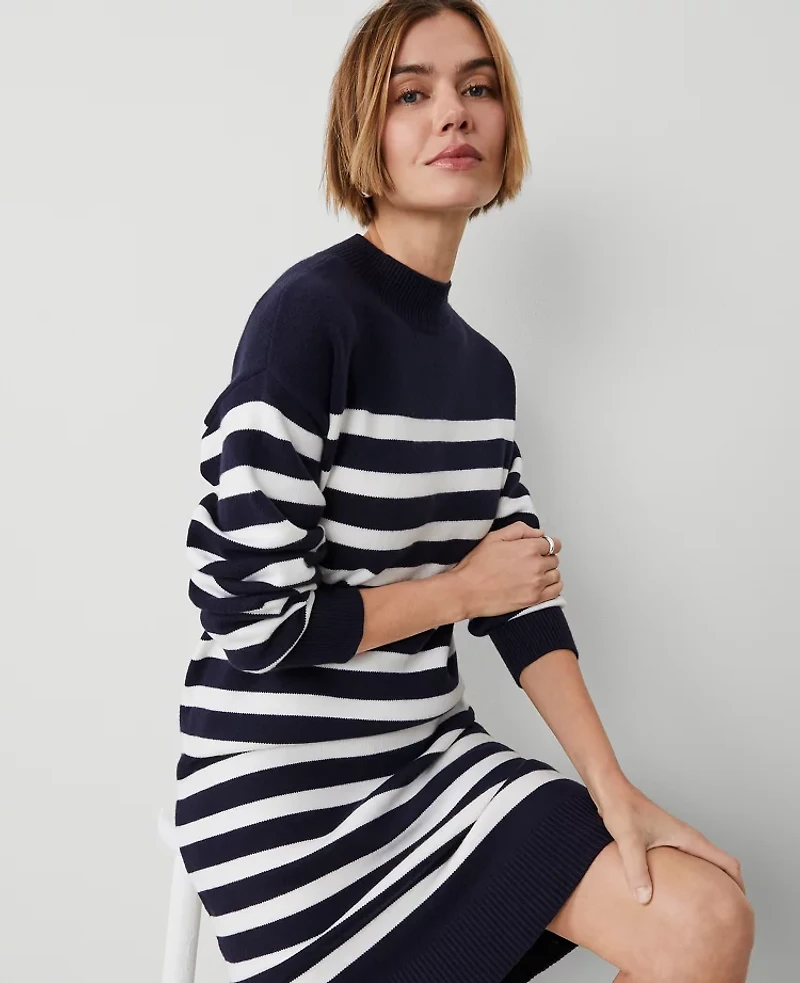 Ann Taylor Petite Weekend Collection Striped Sweater Dress Navy/White Women's