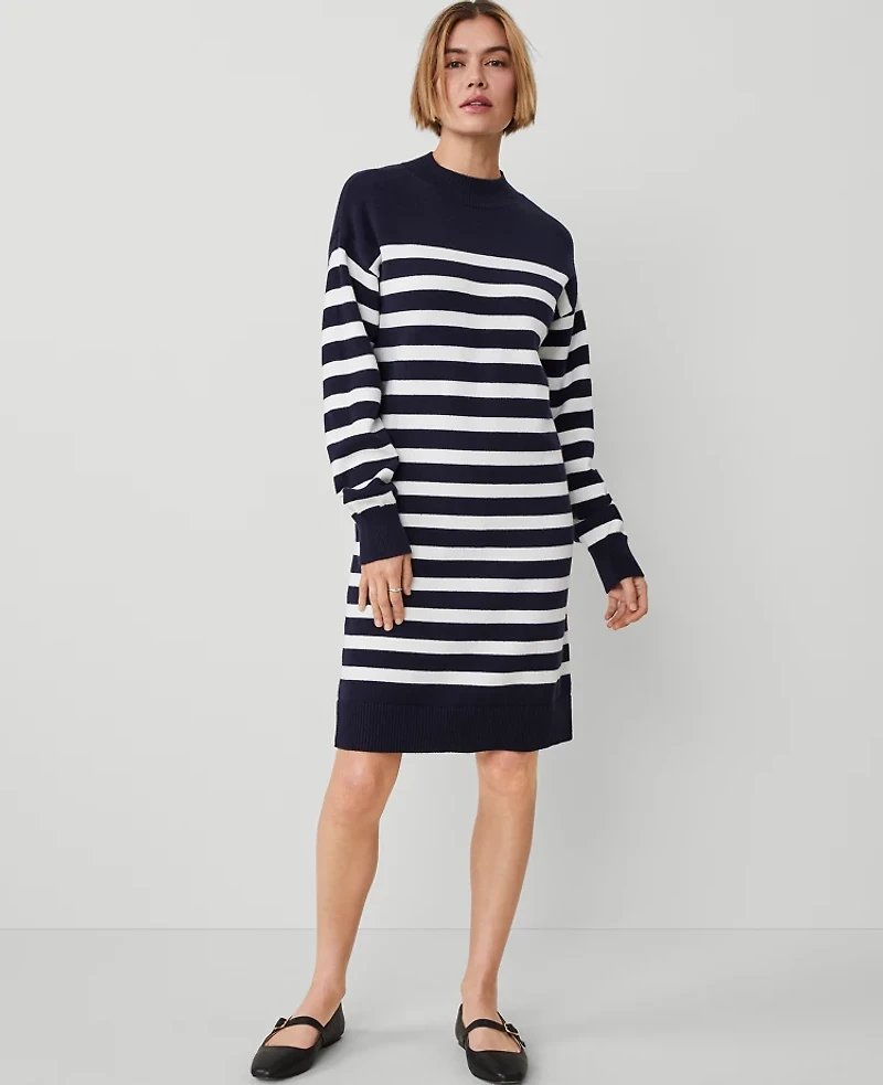 Ann Taylor Petite Weekend Collection Striped Sweater Dress Navy/White Women's