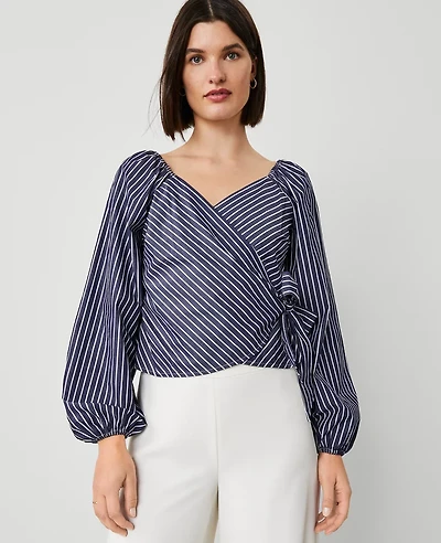 Ann Taylor Striped Wrap Tie-Waist Blouse Size Large Vintage Blue Stripe Women's