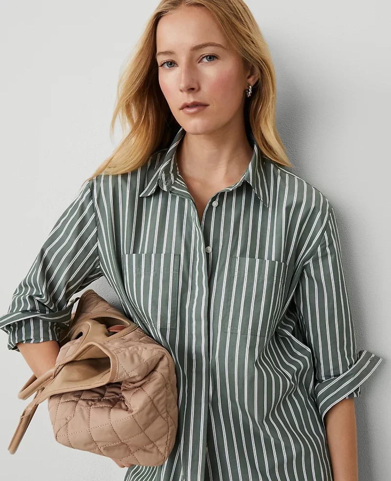 Ann Taylor Petite Weekend Collection Striped Pocket Tunic Shirt Size 2XS Dried Cilantro Women's