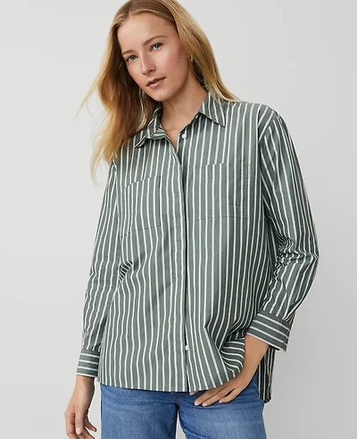 Ann Taylor Petite Weekend Collection Striped Pocket Tunic Shirt Dried Cilantro Women's