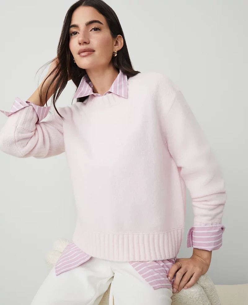 Ann Taylor Petite Weekend Collection Cozy Crew Neck Sweater Size Small Pink Ribbon Women's