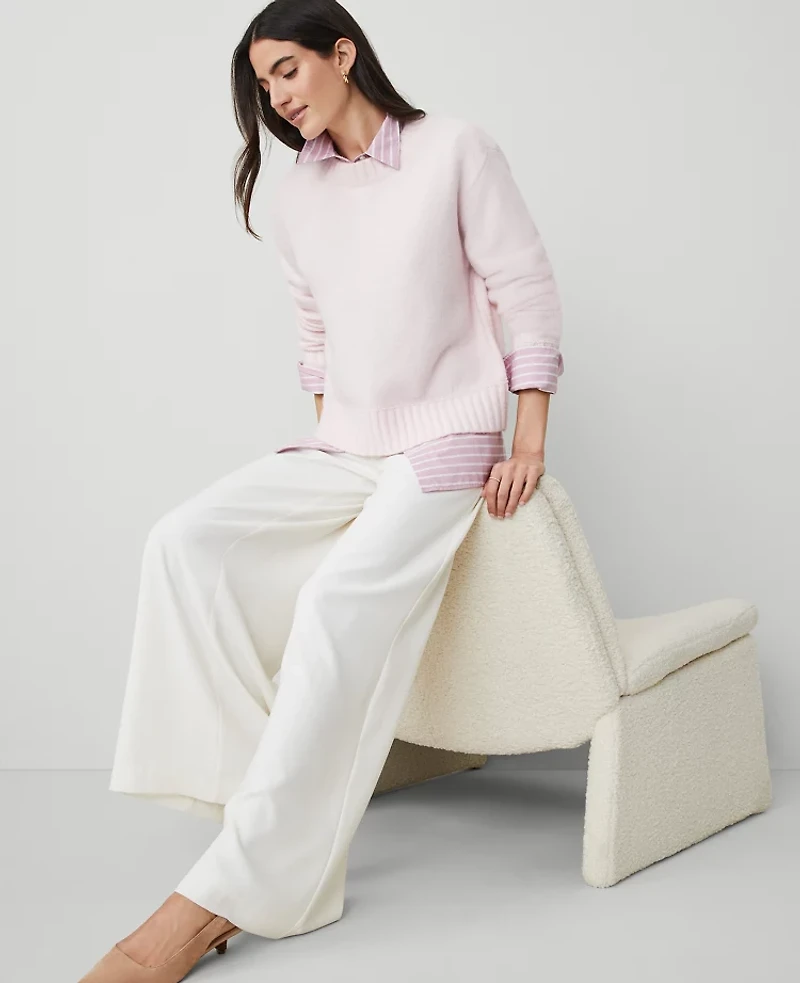 Ann Taylor Petite Weekend Collection Cozy Crew Neck Sweater Size Small Pink Ribbon Women's