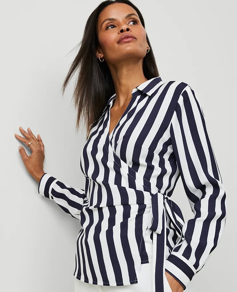 Ann Taylor Petite Striped Collared Wrap Blouse Size 2XS Night Sky Women's