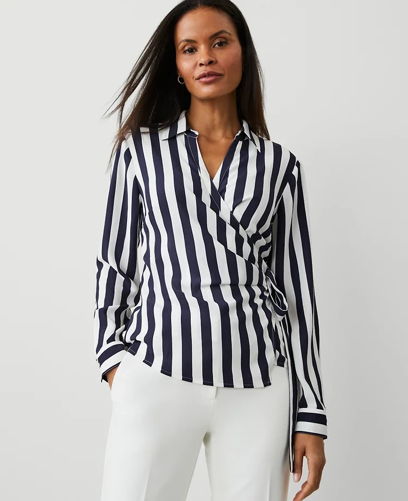 Ann Taylor Petite Striped Collared Wrap Blouse Size 2XS Night Sky Women's