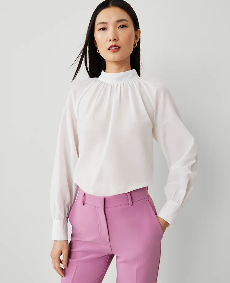 Ann Taylor Mock Neck Shirred Front Popover Top Size XL White Women's