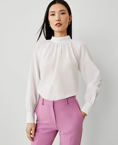 Ann Taylor Mock Neck Shirred Front Popover Top White Women's