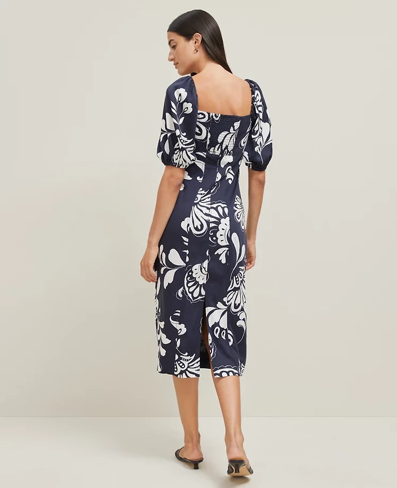 Ann Taylor Floral Puff Sleeve Midi Dress Night Sky Women's