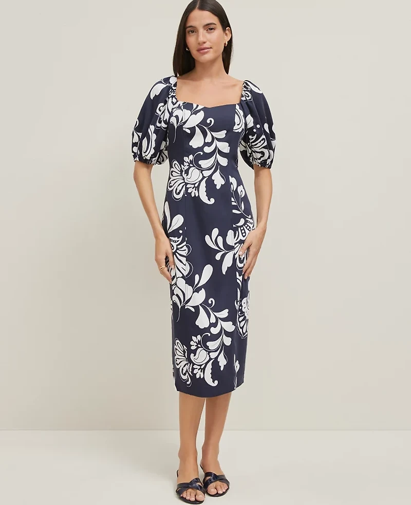 Ann Taylor Floral Puff Sleeve Midi Dress Night Sky Women's
