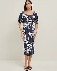 Ann Taylor Floral Puff Sleeve Midi Dress Night Sky Women's