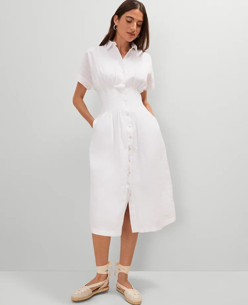 Ann Taylor Weekend Collection Pleated Midi Shirtdress Size 12 White Women's