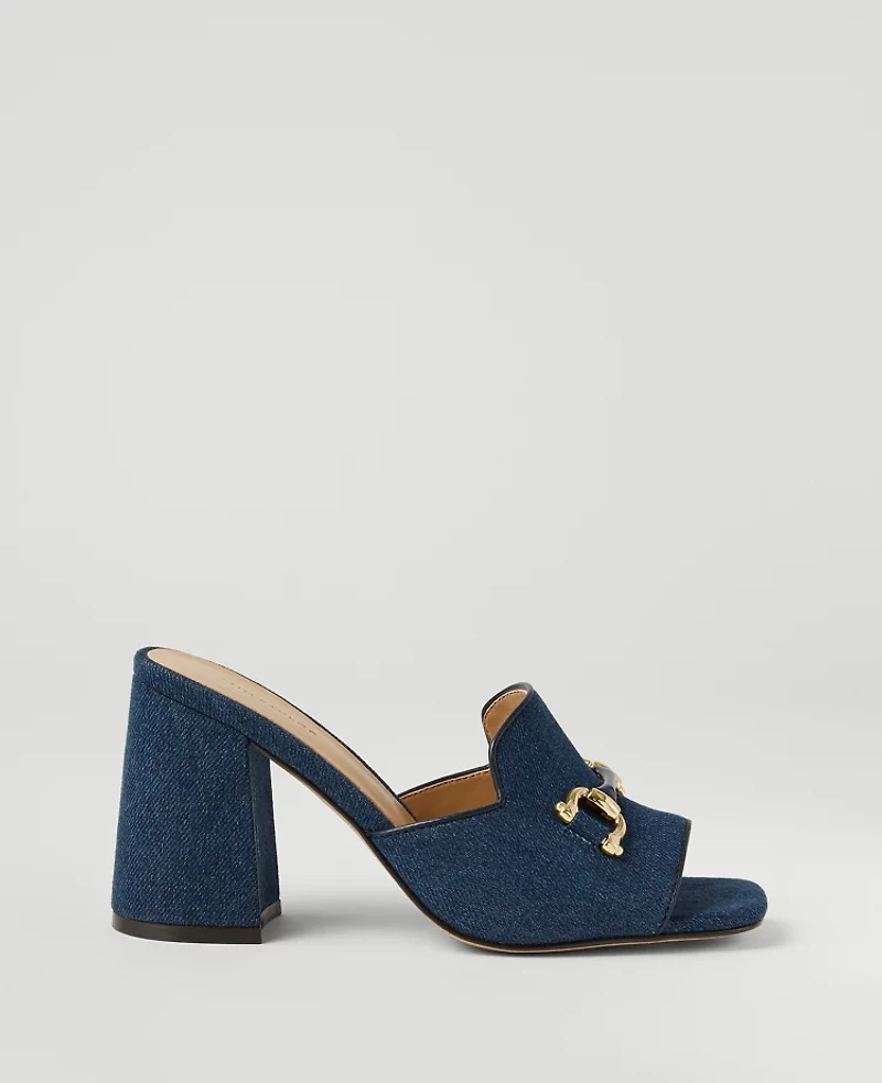 Ann Taylor Horsebit Denim Block Heel Sandals 5 Dark Blue Women's