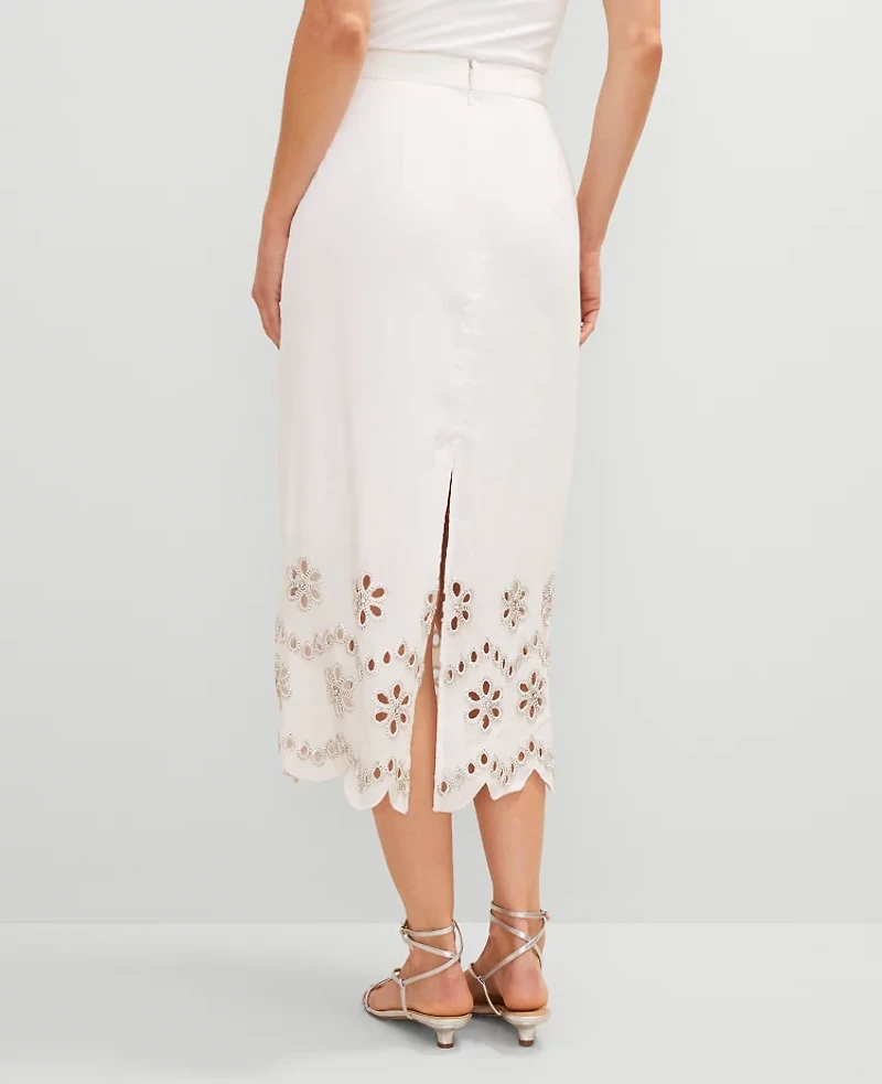 Ann Taylor Studio Collection Scalloped Linen Blend Midi Skirt White Women's