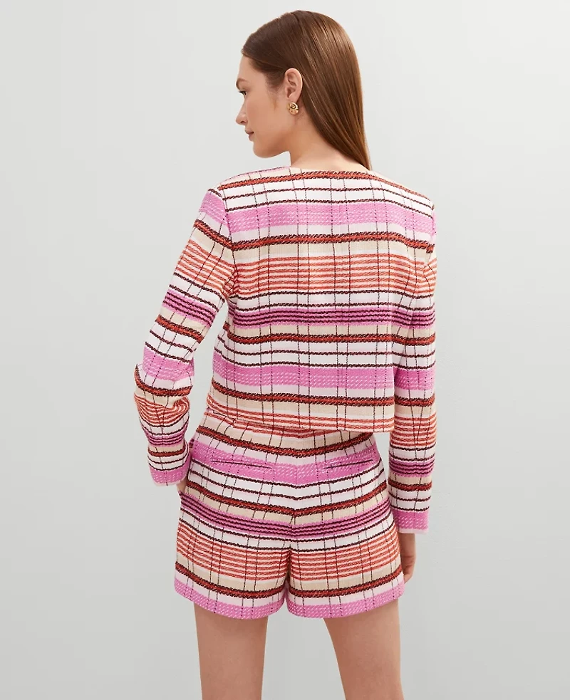 Ann Taylor Tweed Crew Neck Jacket Neutral/Red Multi Women's
